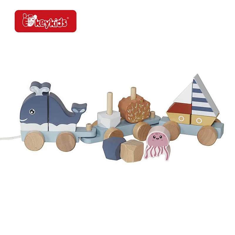 Vibrant Wooden Ocean Animal Stacking Train - Sorting Pull Toy with Colorful Blocks for Toddlers W04A689